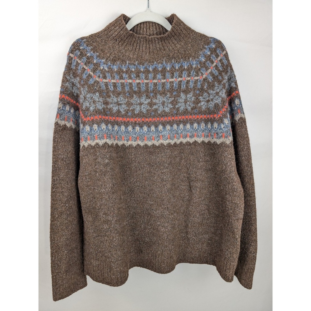 Womens Wool Blend Fair Isle Sweater Size XXL Brown Mock Neck Fall Cottagecore